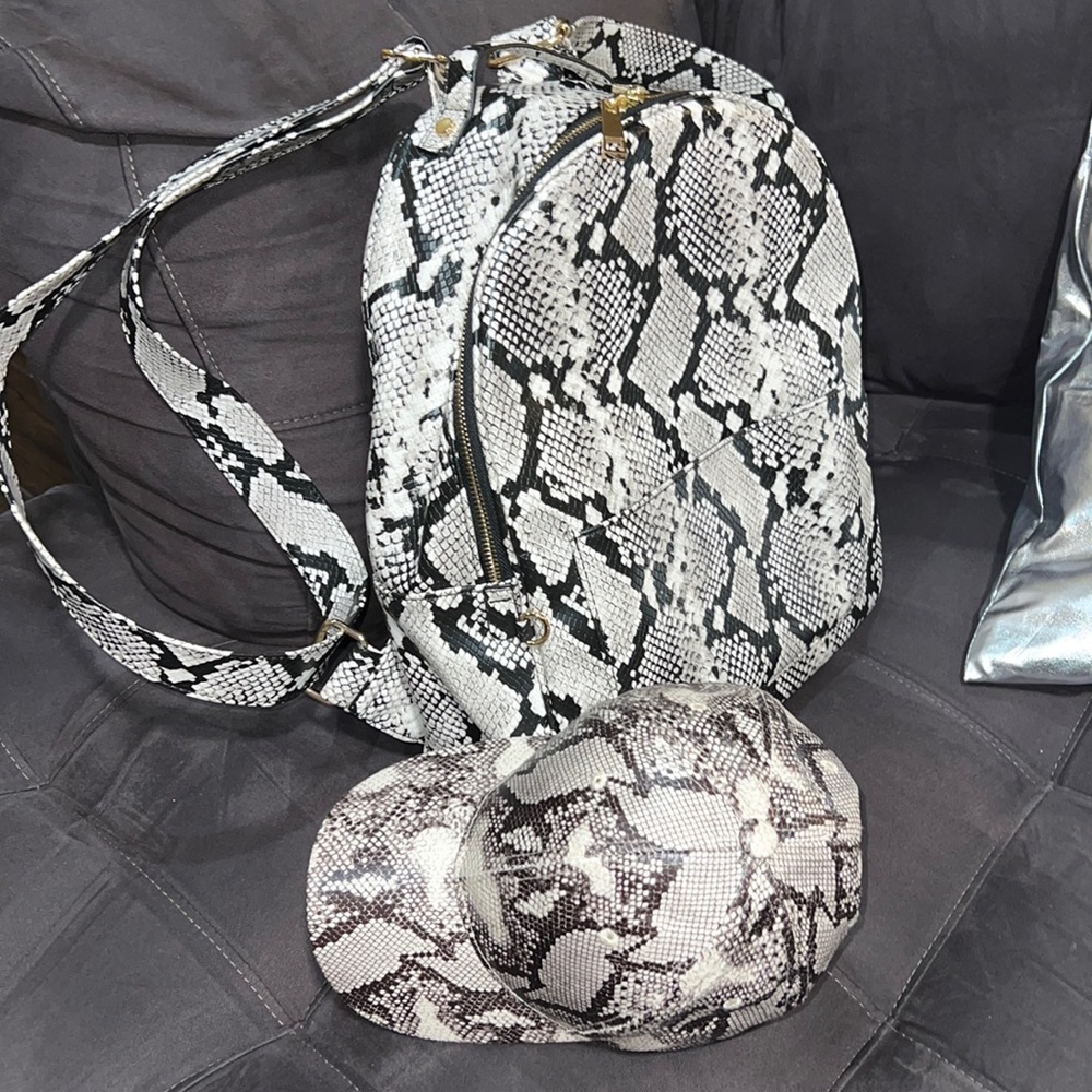 Faux leather Back Pack with Cap, snake print, worn once, excellent condition